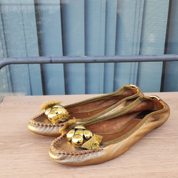 Chloe Leather Grosgrain Trim Beaded Accent Gold Ballet flats 37.5 EU / 7US - Picture 2 of 12